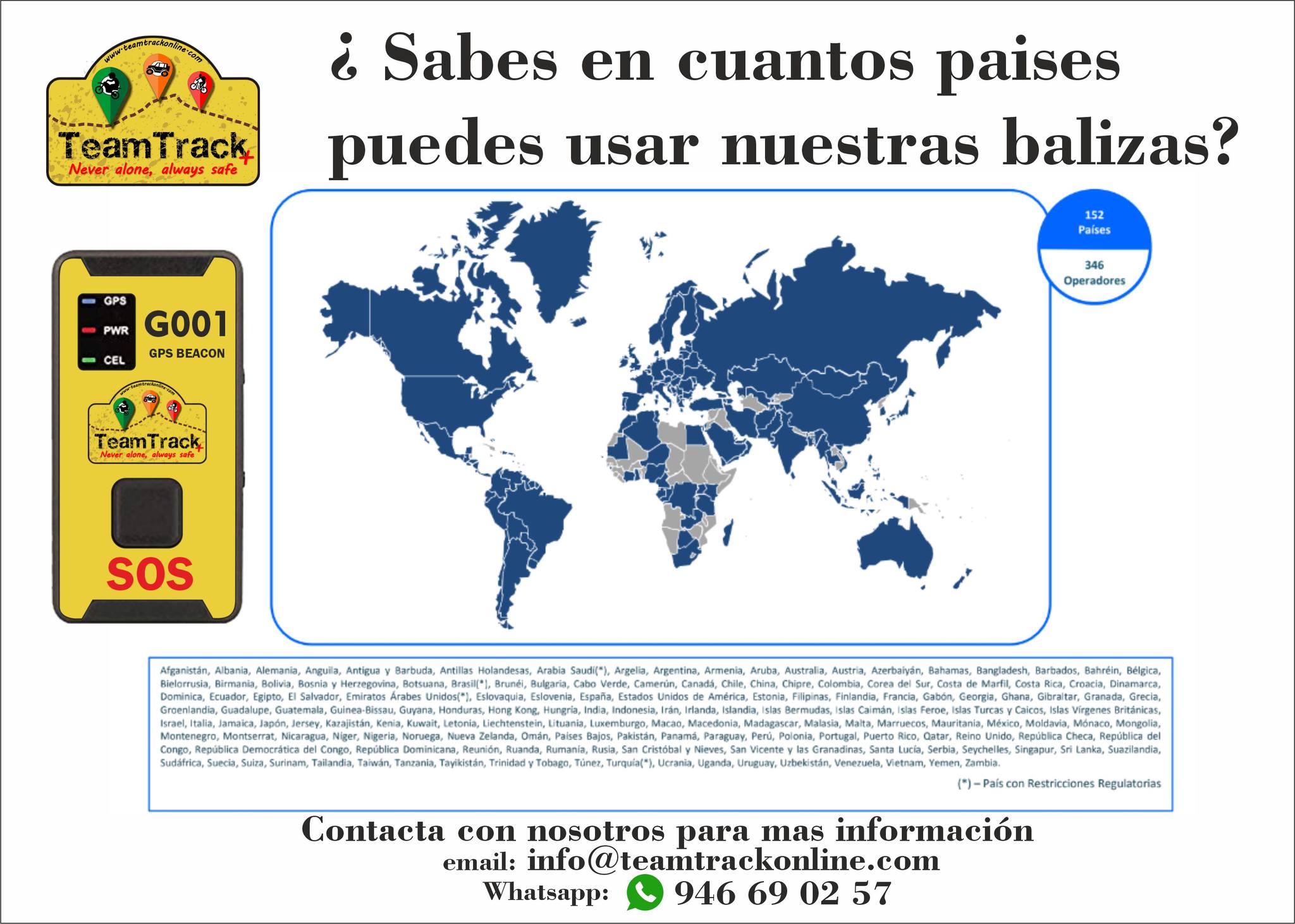 Mapa con los 152 países con cobertura para las balizas TeamTrack
